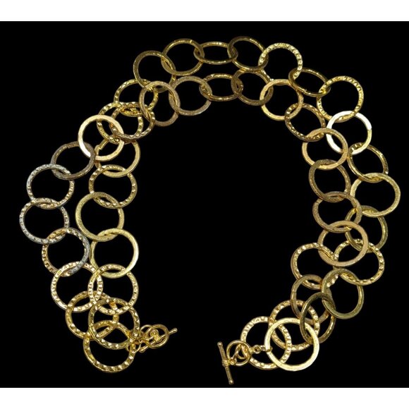 Brutalist Hammered Bright Gold Tone Open Circle Chain Necklace - Picture 1 of 8
